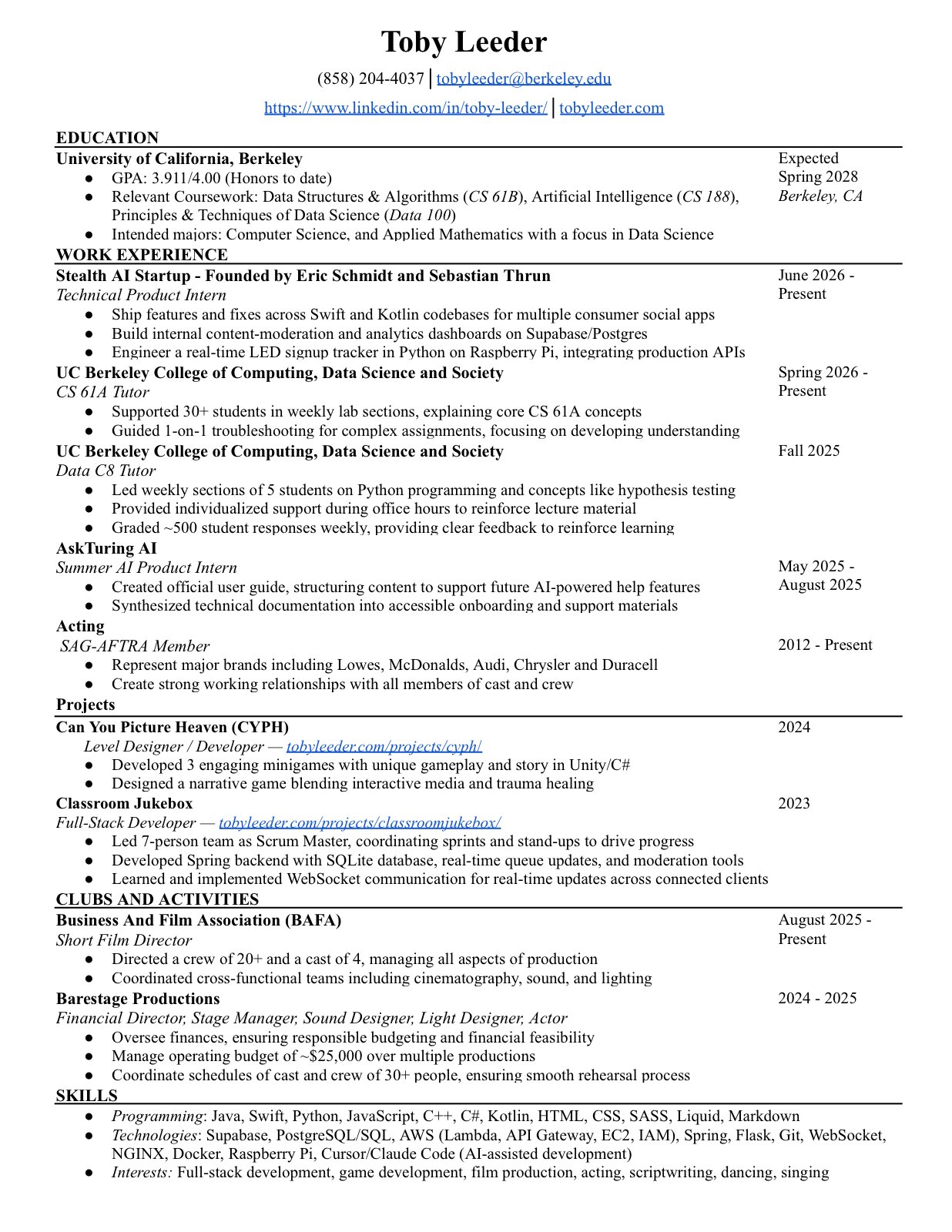 Preview of Toby Leeder's one-page résumé